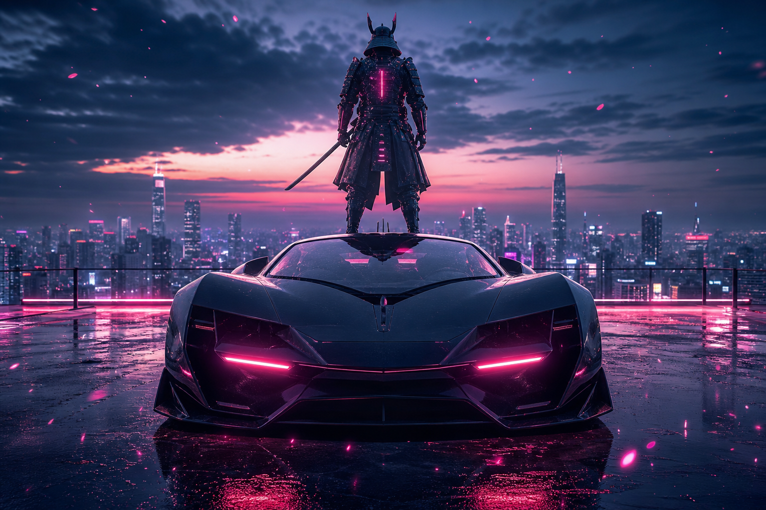 Cyber Samurai Standing On Skyscraper Supercars Wallpaper  5 4K