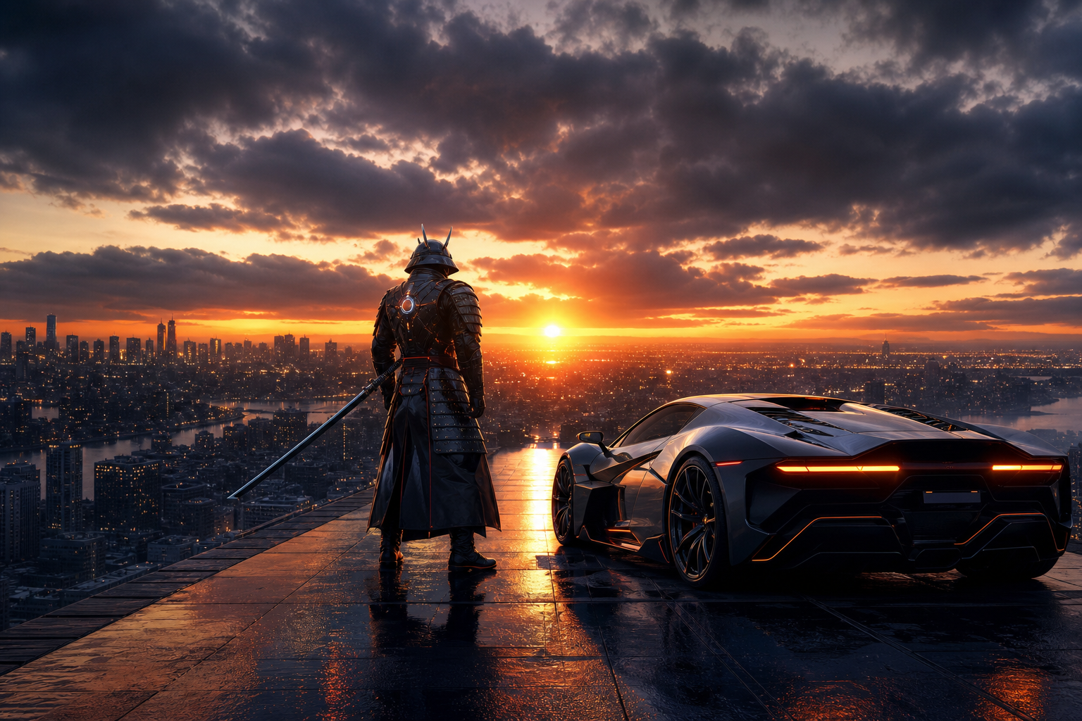 Cyber Samurai Standing On Skyscraper Supercars Wallpaper  5 4K