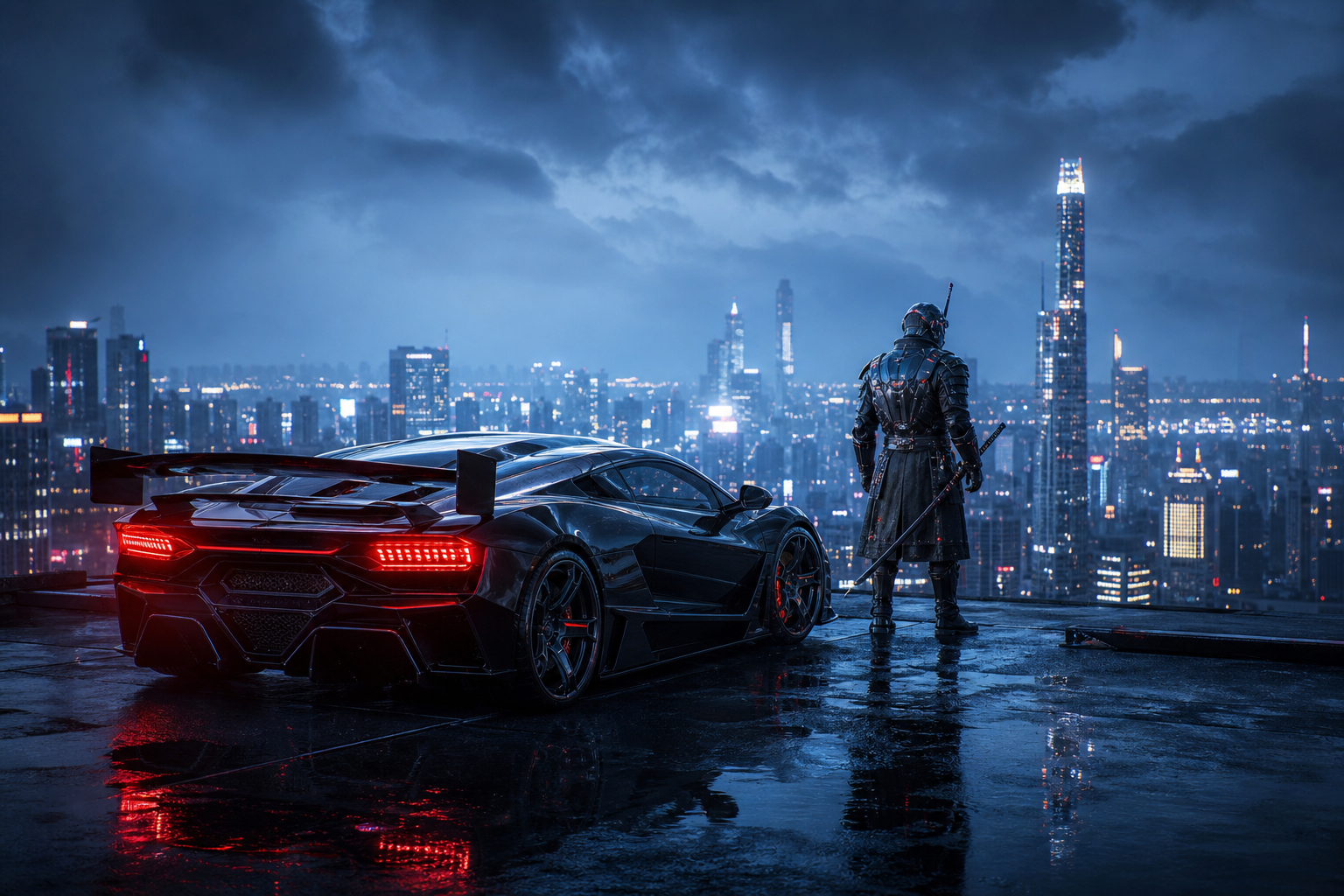Cyber Samurai Standing On Skyscraper Supercars Wallpaper 5 4K 11 4K Supercars Wallpaper