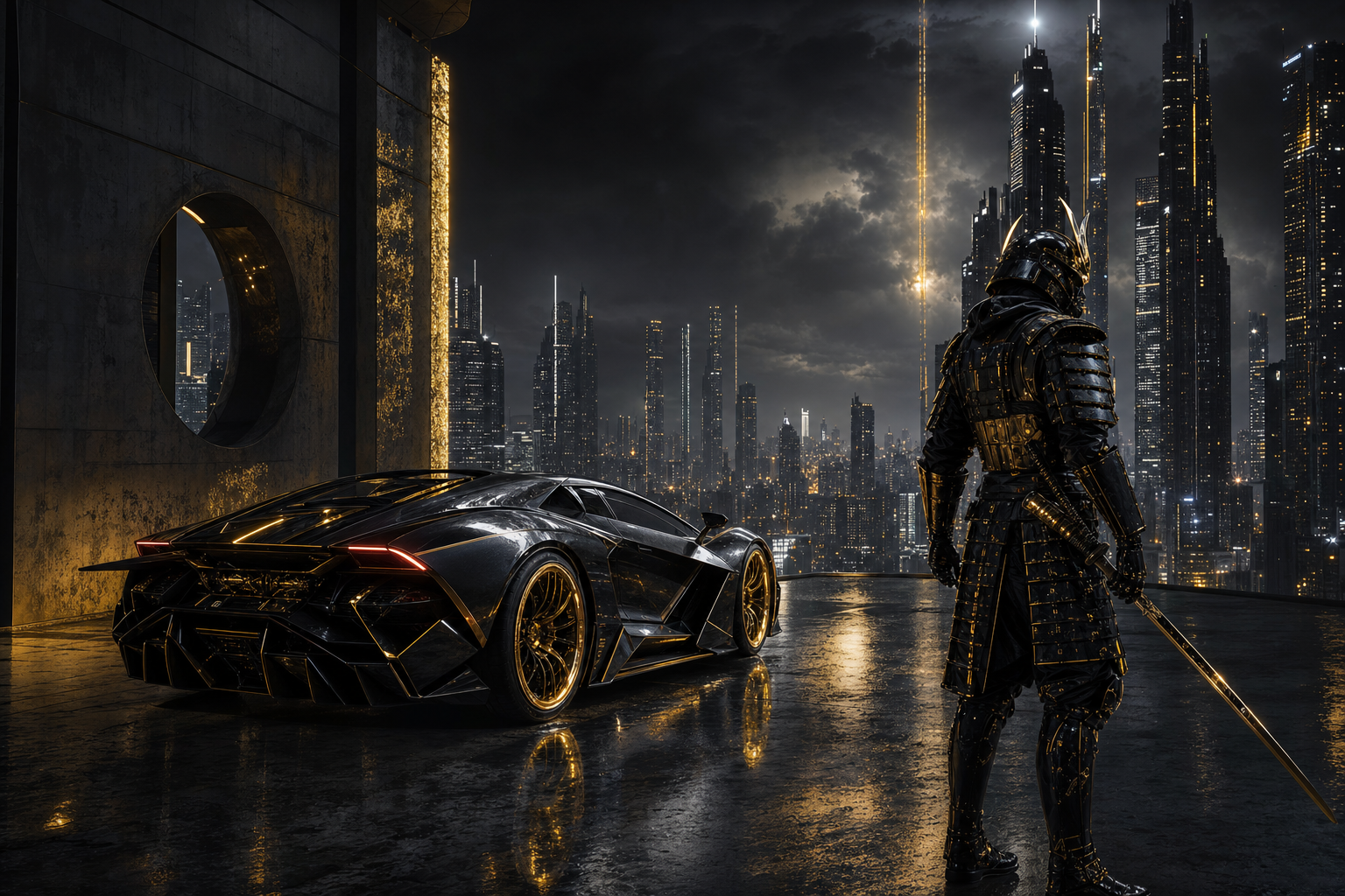 Cyber Samurai Standing On Skyscraper Supercars Wallpaper  5 4K