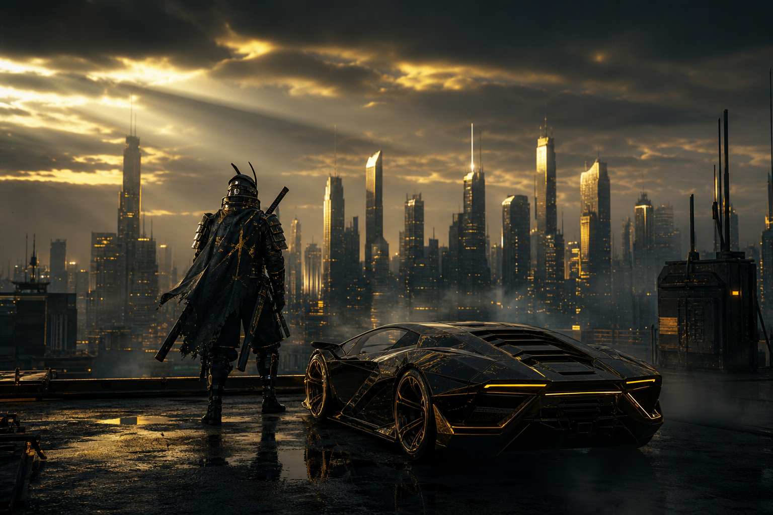 Cyber Samurai Standing On Skyscraper Supercars Wallpaper  5 4K
