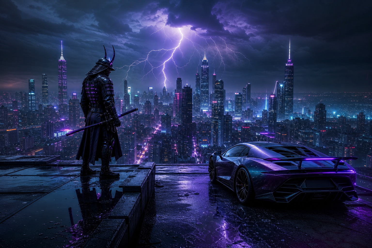 Cyber Samurai Standing On Skyscraper Supercars Wallpaper  5 4K