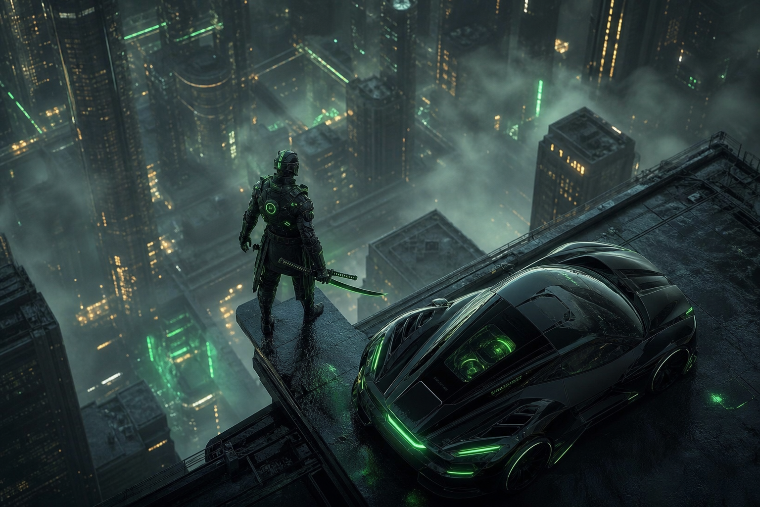 Cyber Samurai Standing On Skyscraper Supercars Wallpaper  5 4K
