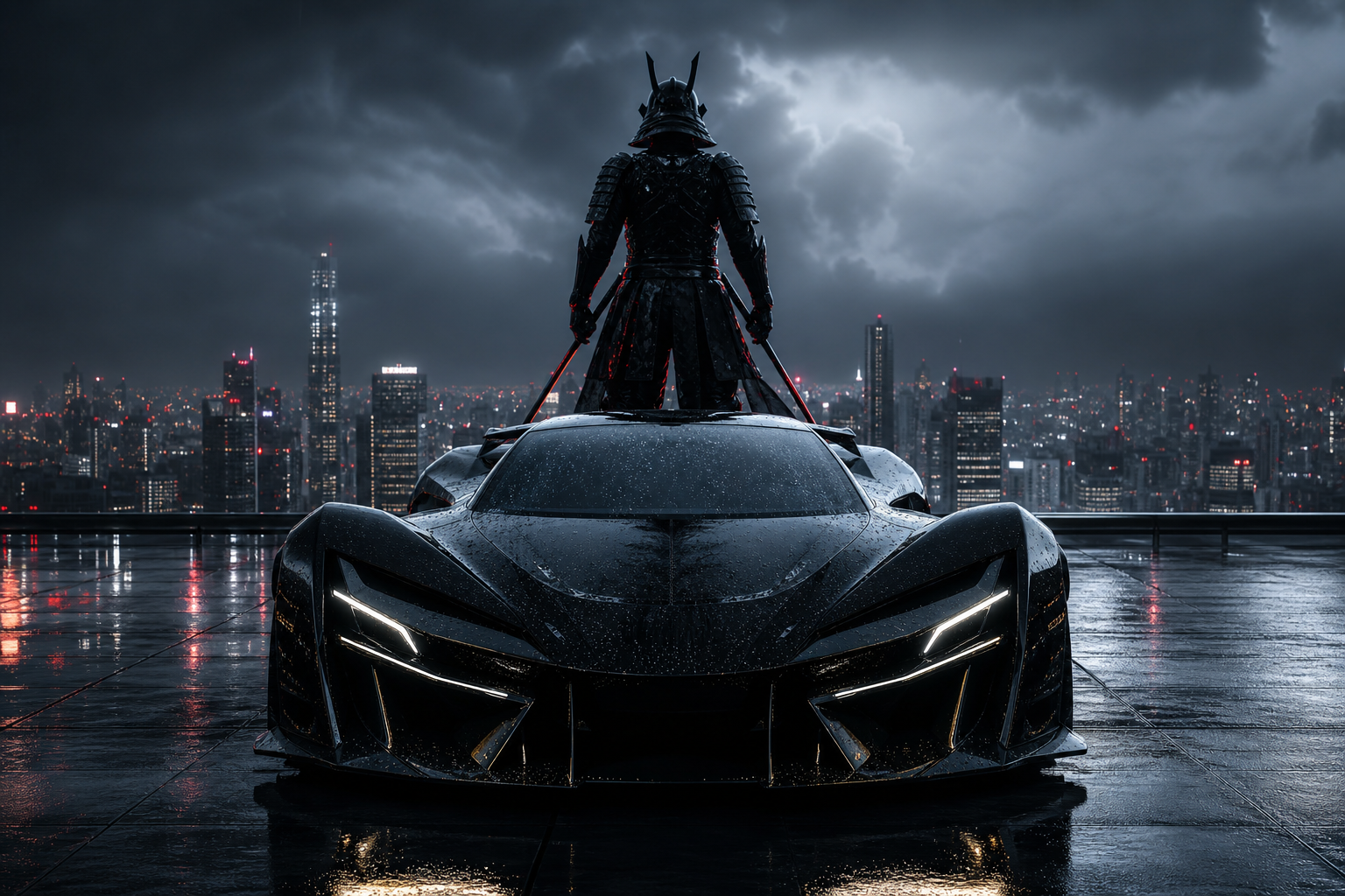 Cyber Samurai Standing On Skyscraper Supercars Wallpaper  5 4K