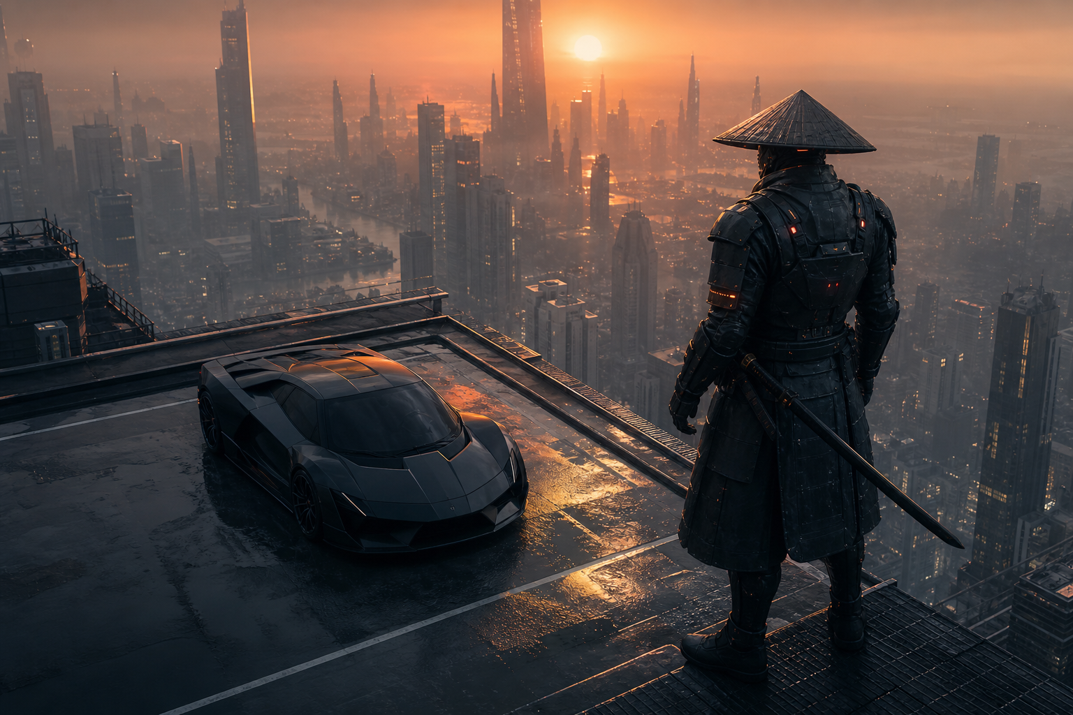 Cyber Samurai Standing On Skyscraper Supercars Wallpaper  5 4K