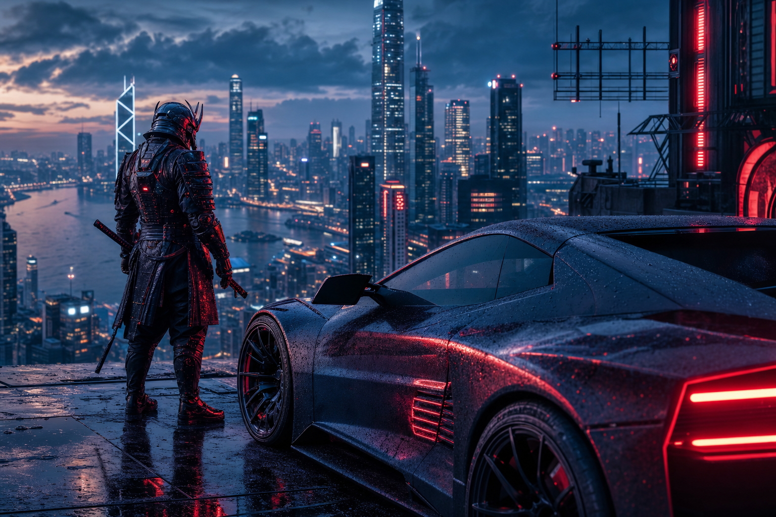 Cyber Samurai Standing On Skyscraper Supercars Wallpaper  5 4K