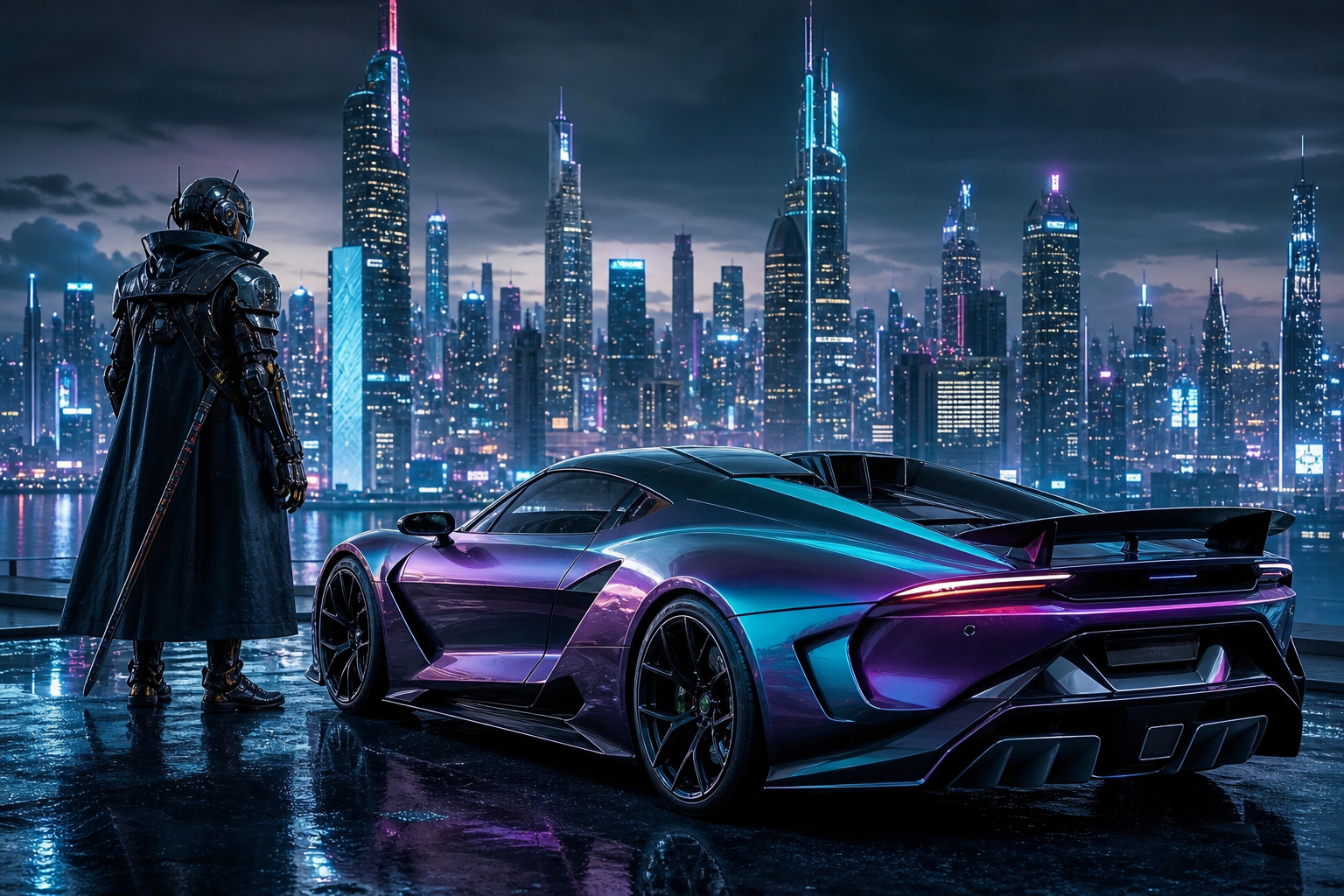 Cyber Samurai Standing On Skyscraper Supercars Wallpaper  5 4K