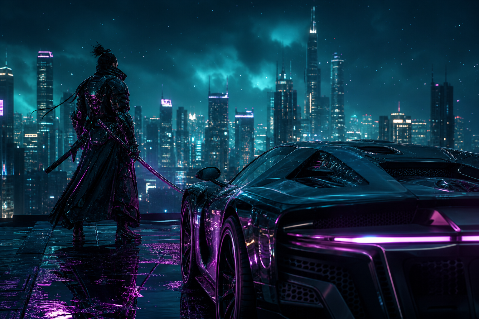 Cyber Samurai Standing On Skyscraper Supercars Wallpaper  5 4K