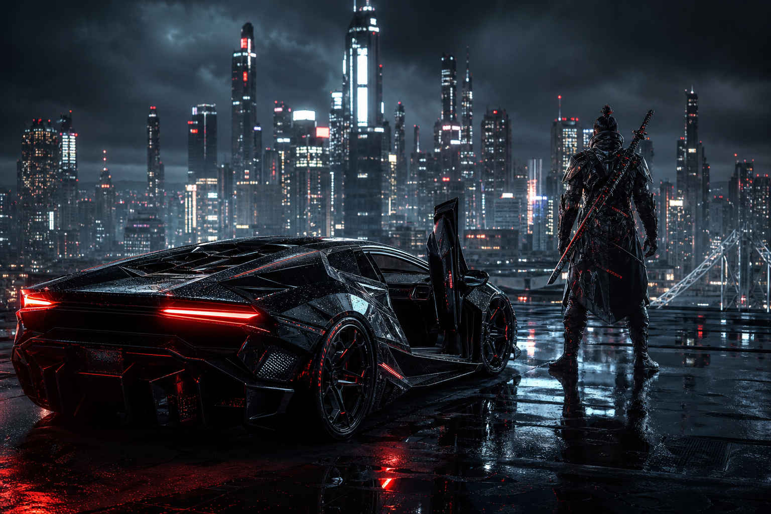 Cyber Samurai Standing On Skyscraper Supercars Wallpaper  5 4K