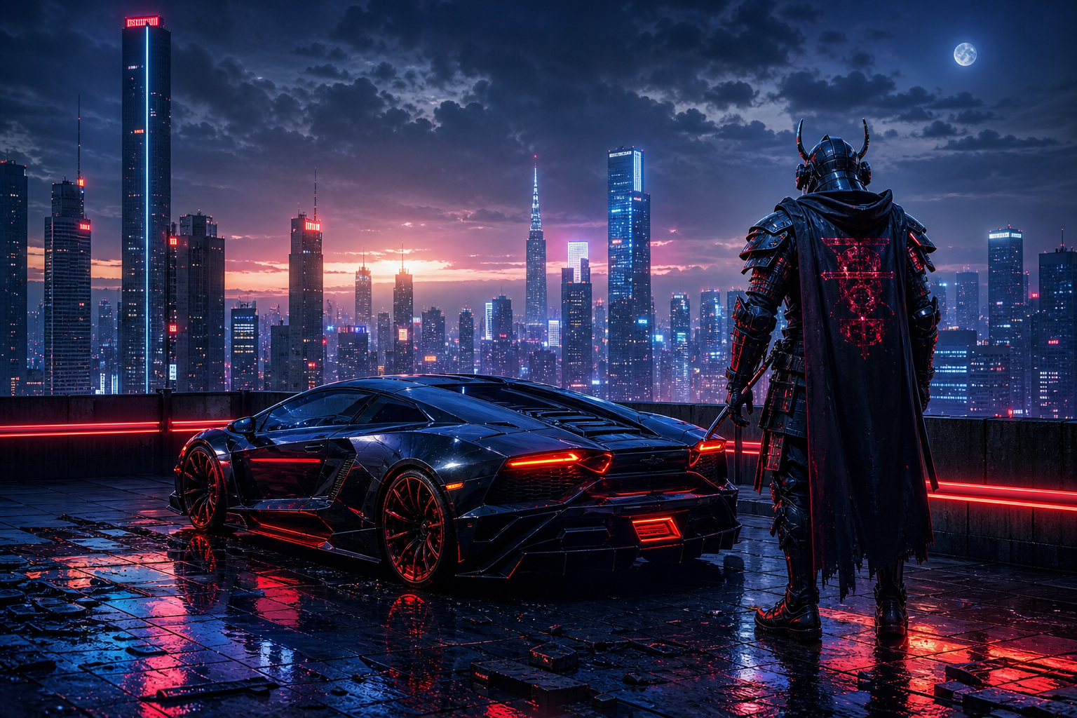 Cyber Samurai Standing On Skyscraper Supercars Wallpaper  5 4K