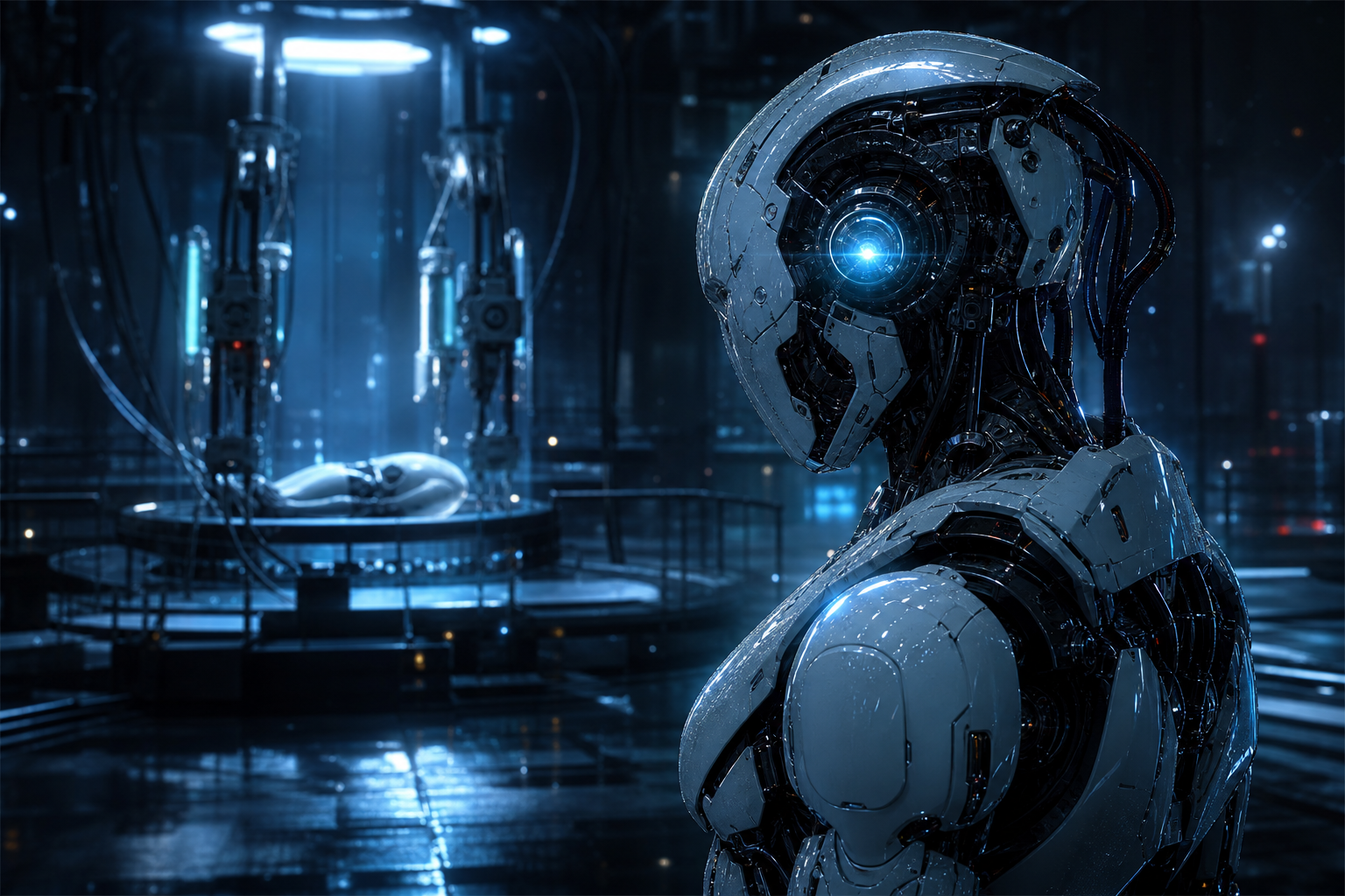 Cybernetic Robot In Dark Laboratory Robots Wallpaper  7 4K