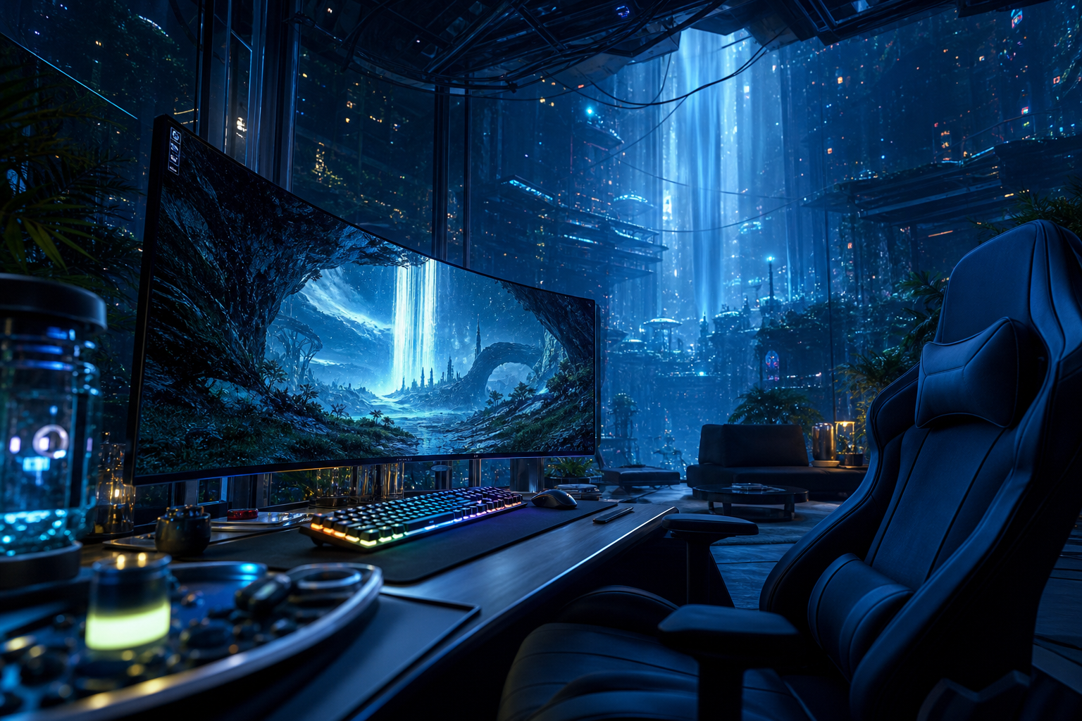 Cyberpunk Gaming Room With Ultrawide Monitor Gaming Wallpaper  14 4K