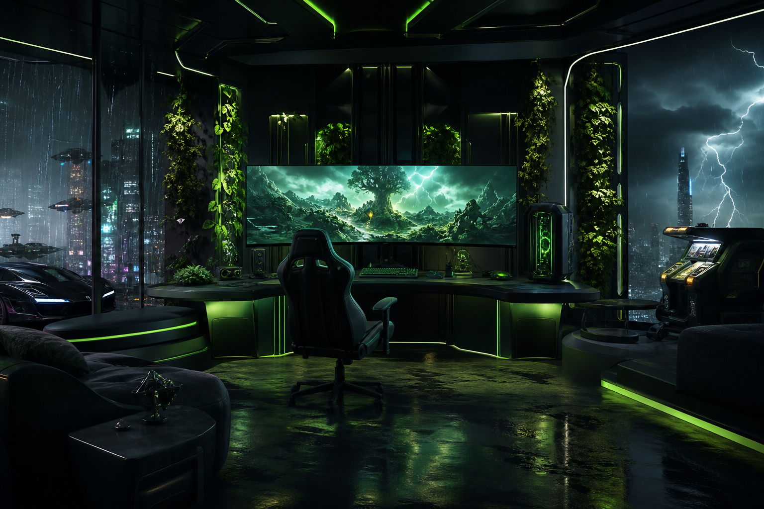 Cyberpunk Gaming Room With Ultrawide Monitor Gaming Wallpaper  14 4K