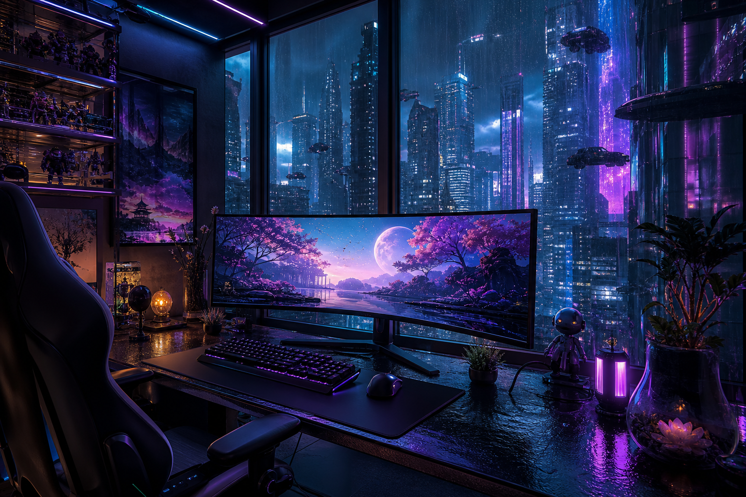 Cyberpunk Gaming Room With Ultrawide Monitor Gaming Wallpaper  14 4K