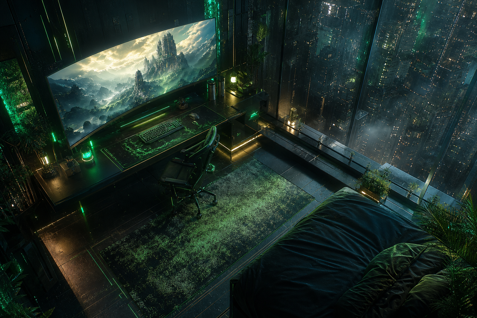Cyberpunk Gaming Room With Ultrawide Monitor Gaming Wallpaper  14 4K