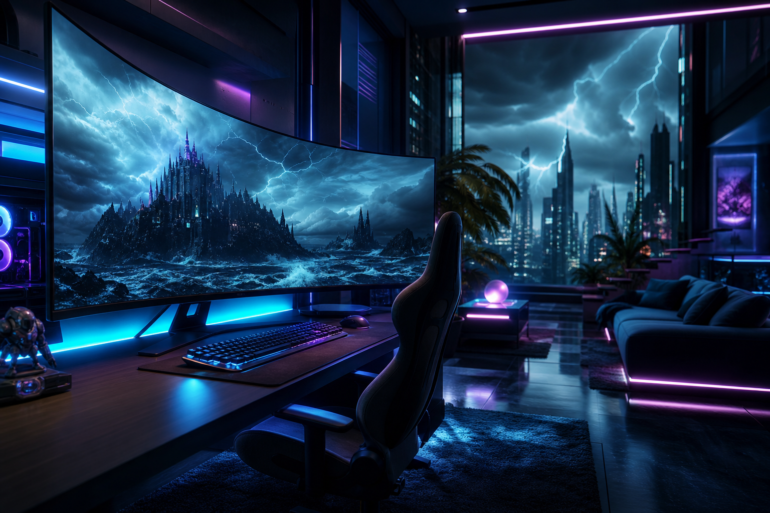 Cyberpunk Gaming Room With Ultrawide Monitor Gaming Wallpaper  14 4K