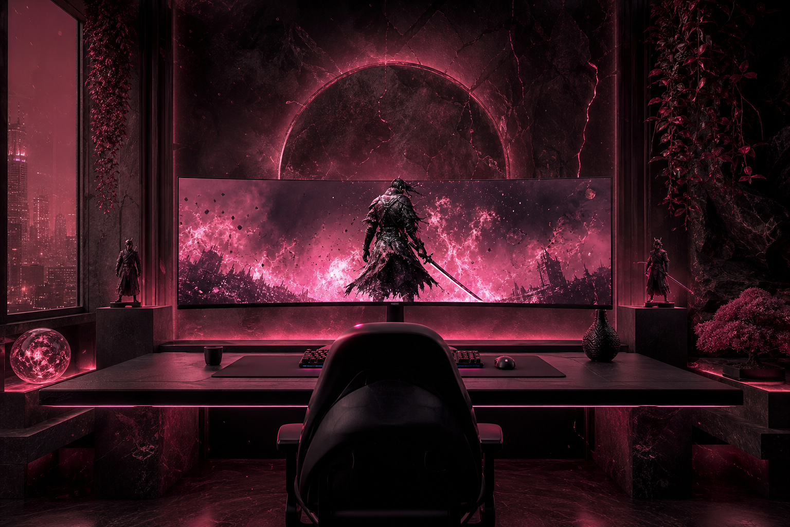 Cyberpunk Gaming Room With Ultrawide Monitor Gaming Wallpaper  14 4K