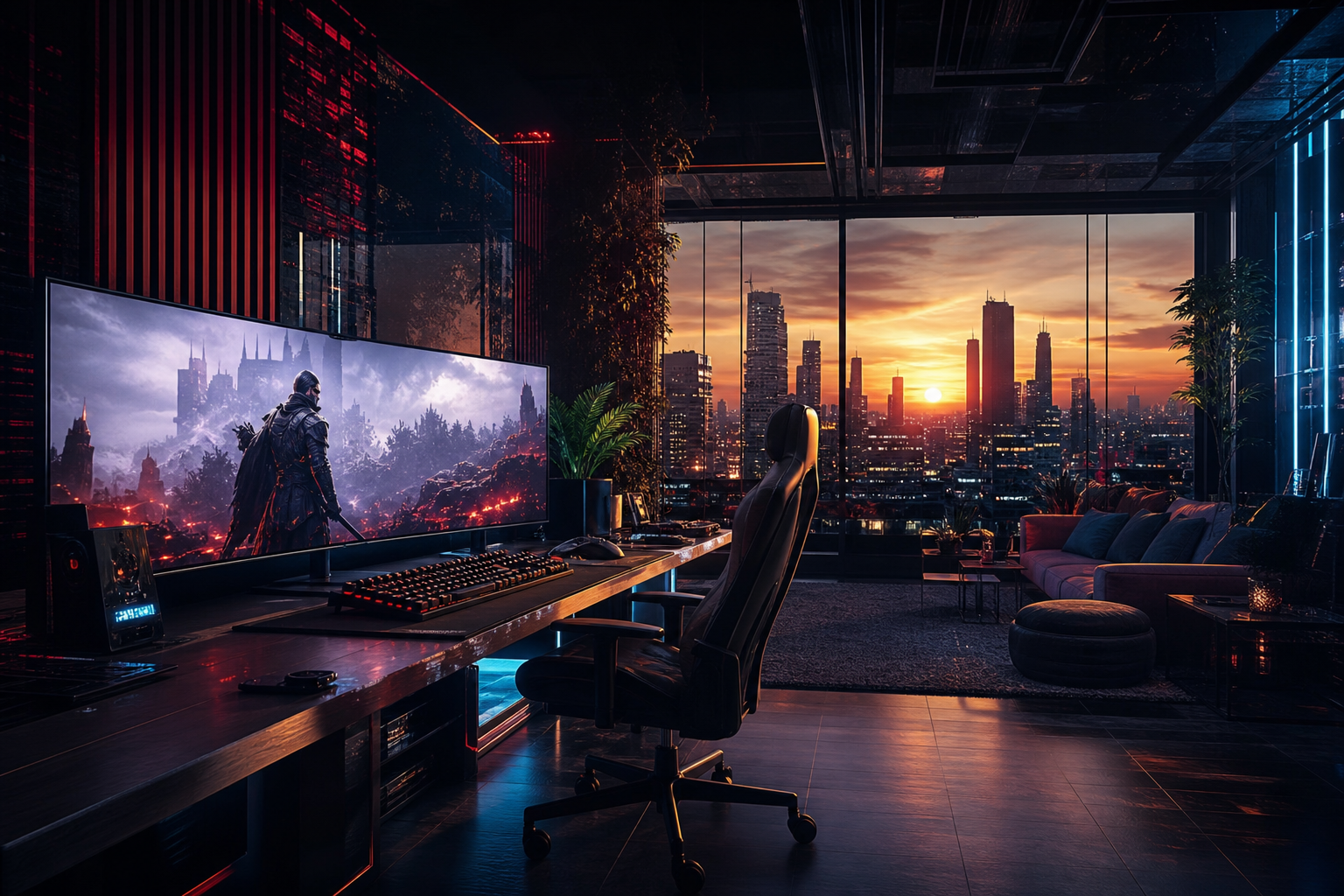 Cyberpunk Gaming Room With Ultrawide Monitor Gaming Wallpaper  4 4K