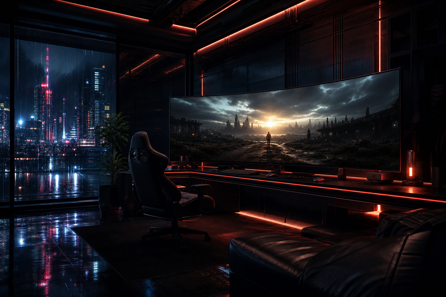 Cyberpunk Gaming Room With Ultrawide Monitor Gaming Wallpaper  4 4K
