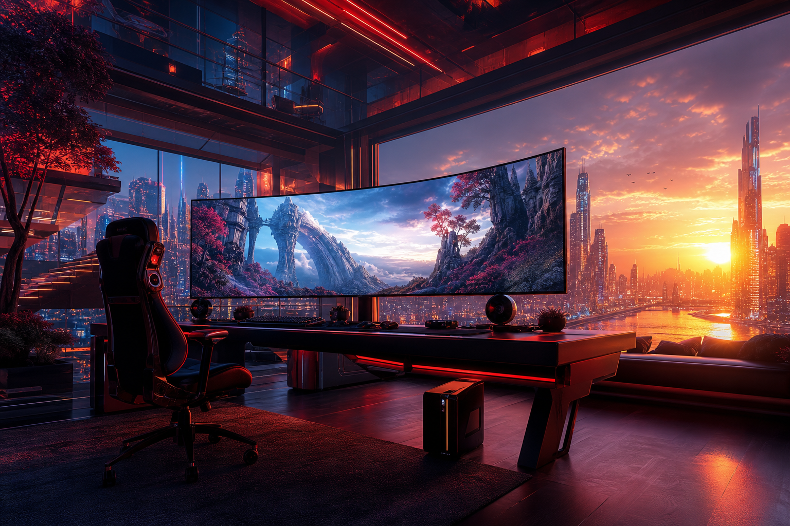 Cyberpunk Gaming Room With Ultrawide Monitor Gaming Wallpaper  4 4K