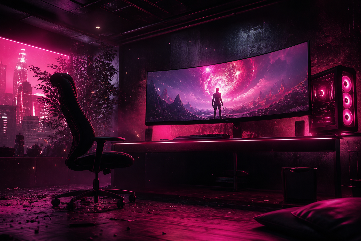 Cyberpunk Gaming Room With Ultrawide Monitor Gaming Wallpaper  4 4K