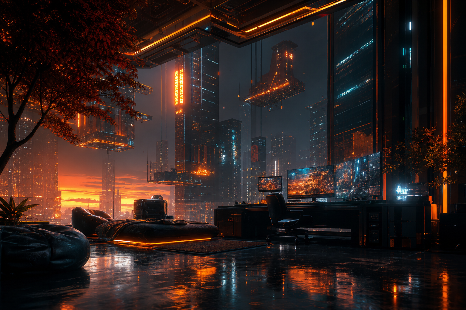 Cyberpunk Hacker Room With Neon Screens Architecture Wallpaper  3 4K
