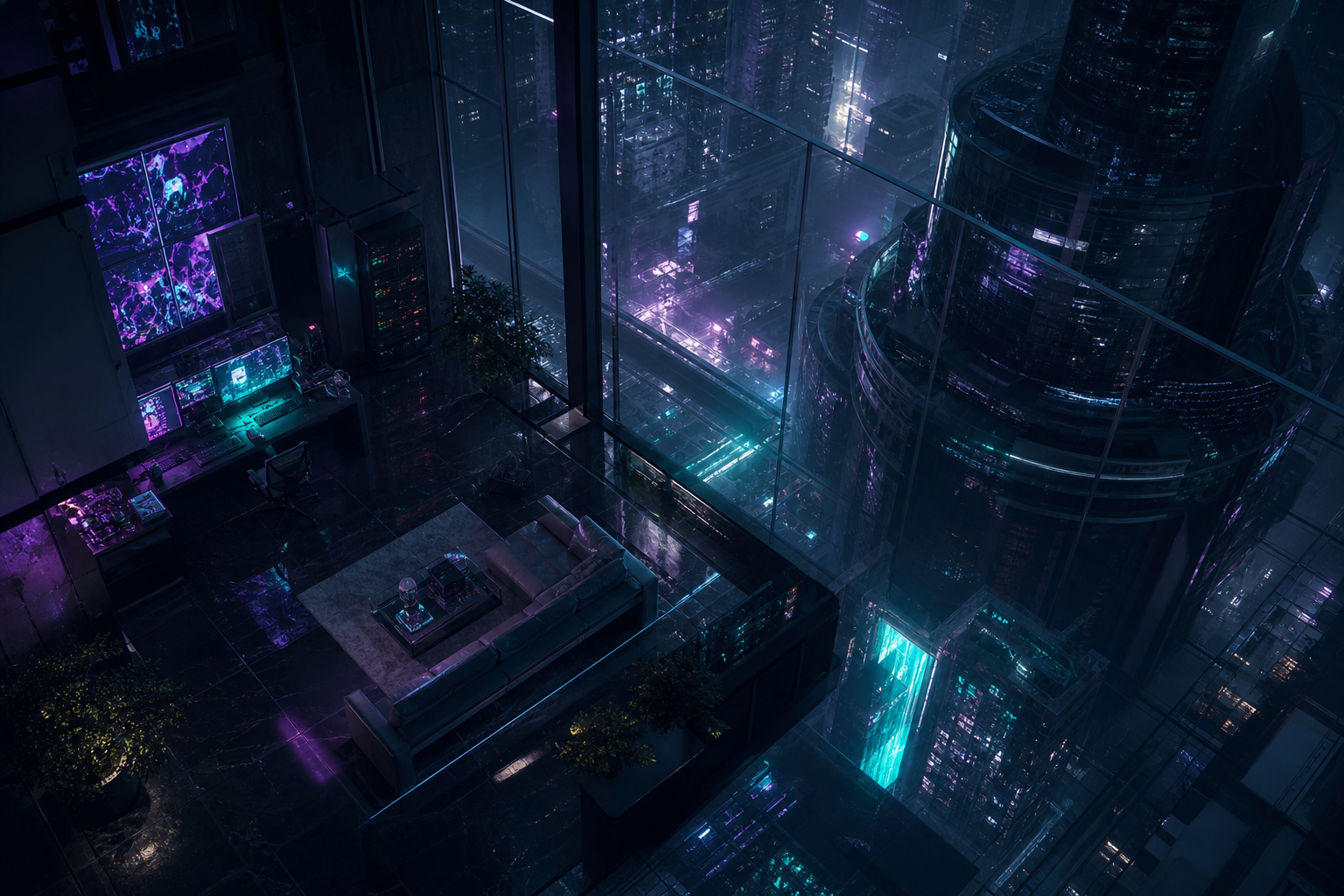 Cyberpunk Hacker Room With Neon Screens Architecture Wallpaper  3 4K