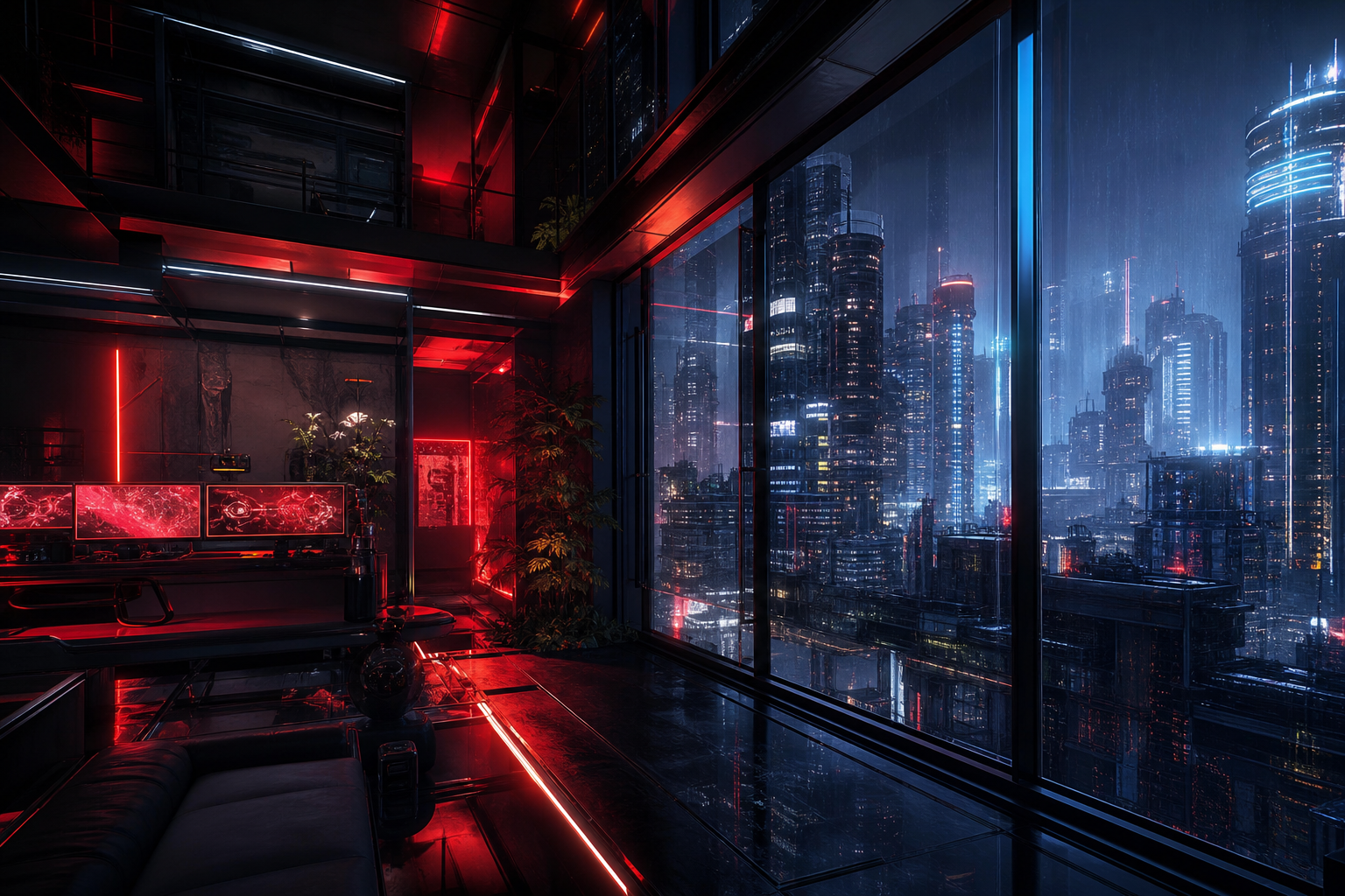 Cyberpunk Hacker Room With Neon Screens Architecture Wallpaper  3 4K