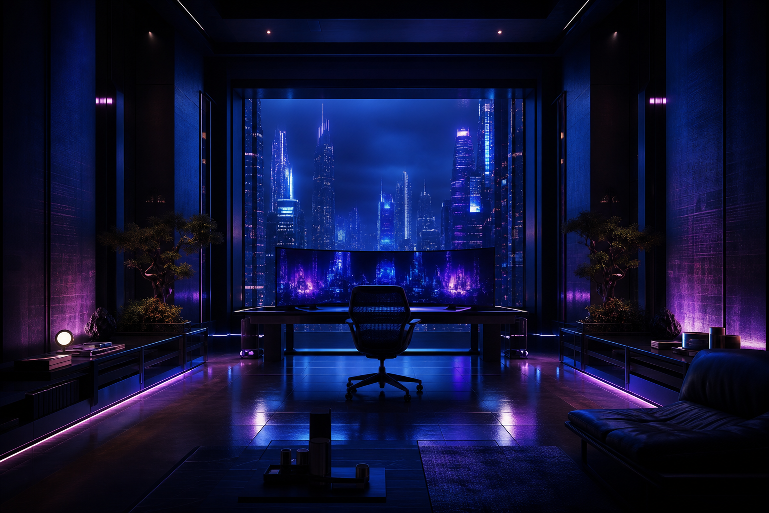 Cyberpunk Hacker Room With Neon Screens Architecture Wallpaper  3 4K