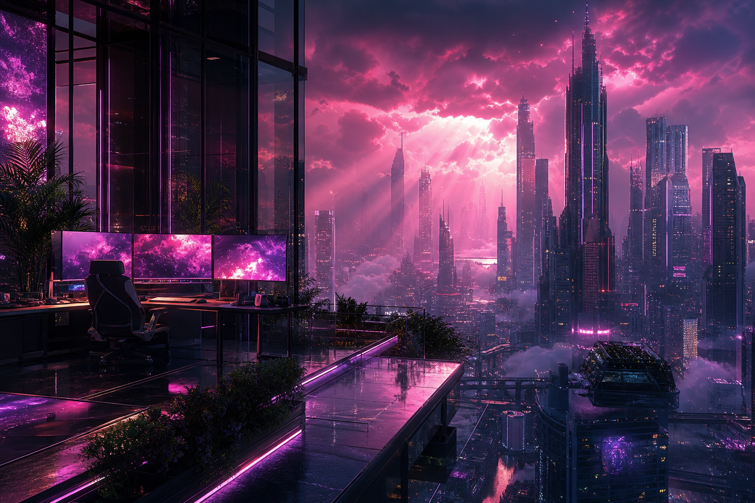 Cyberpunk Hacker Room With Neon Screens Architecture Wallpaper  3 4K
