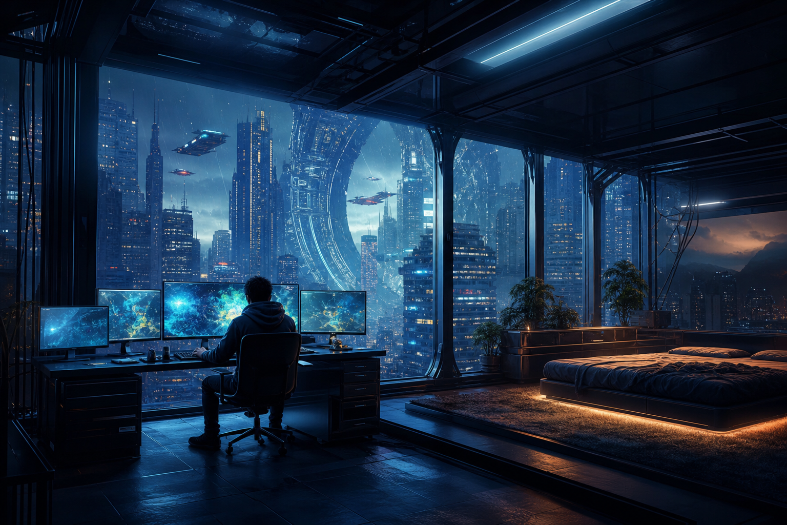 Cyberpunk Hacker Room With Neon Screens Architecture Wallpaper  3 4K