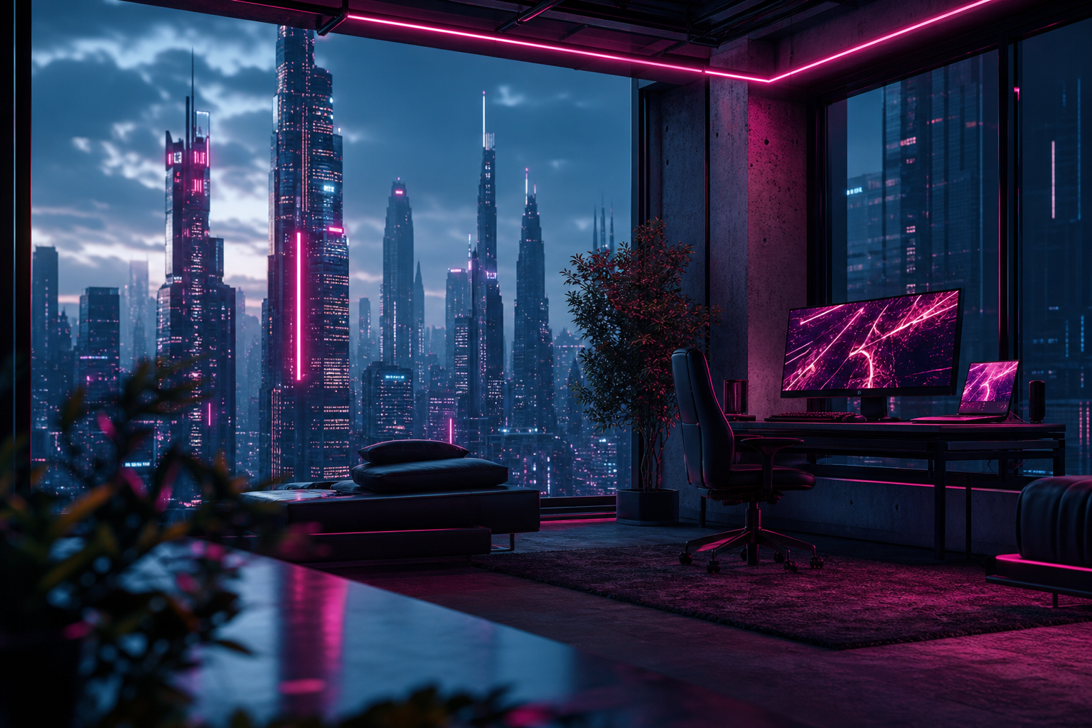 Cyberpunk Hacker Room With Neon Screens Architecture Wallpaper  3 4K