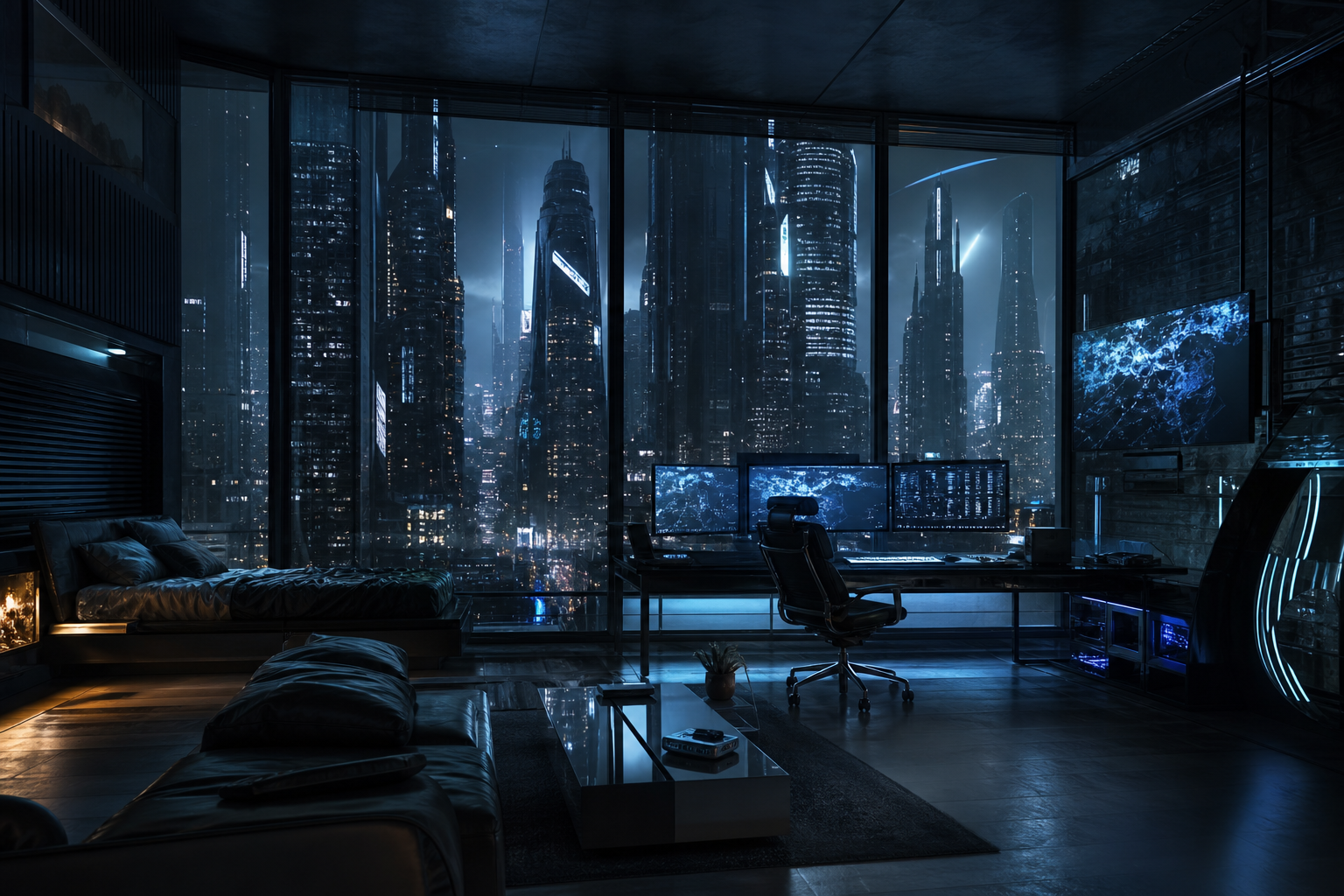 Cyberpunk Hacker Room With Neon Screens Architecture Wallpaper  3 4K