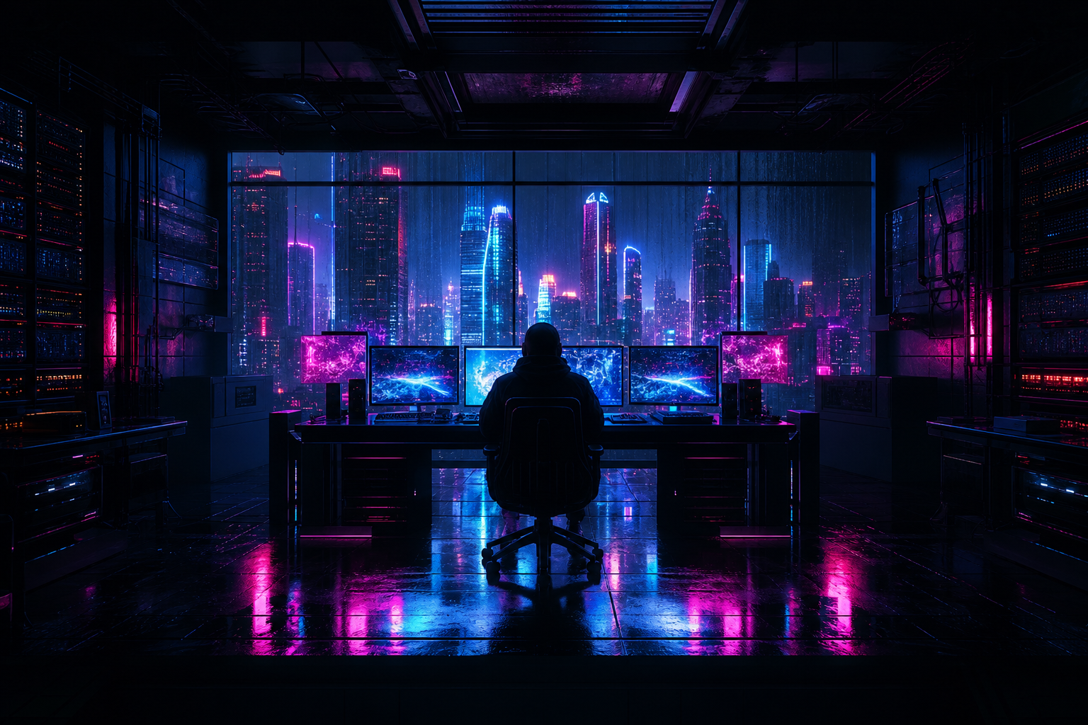 Cyberpunk Hacker Room With Neon Screens Cyberpunk Wallpaper  3 4K