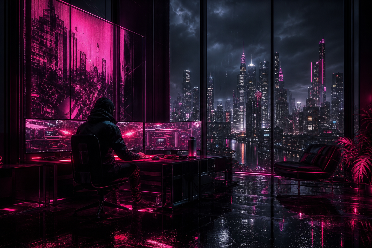 Cyberpunk Hacker Room With Neon Screens Cyberpunk Wallpaper  3 4K
