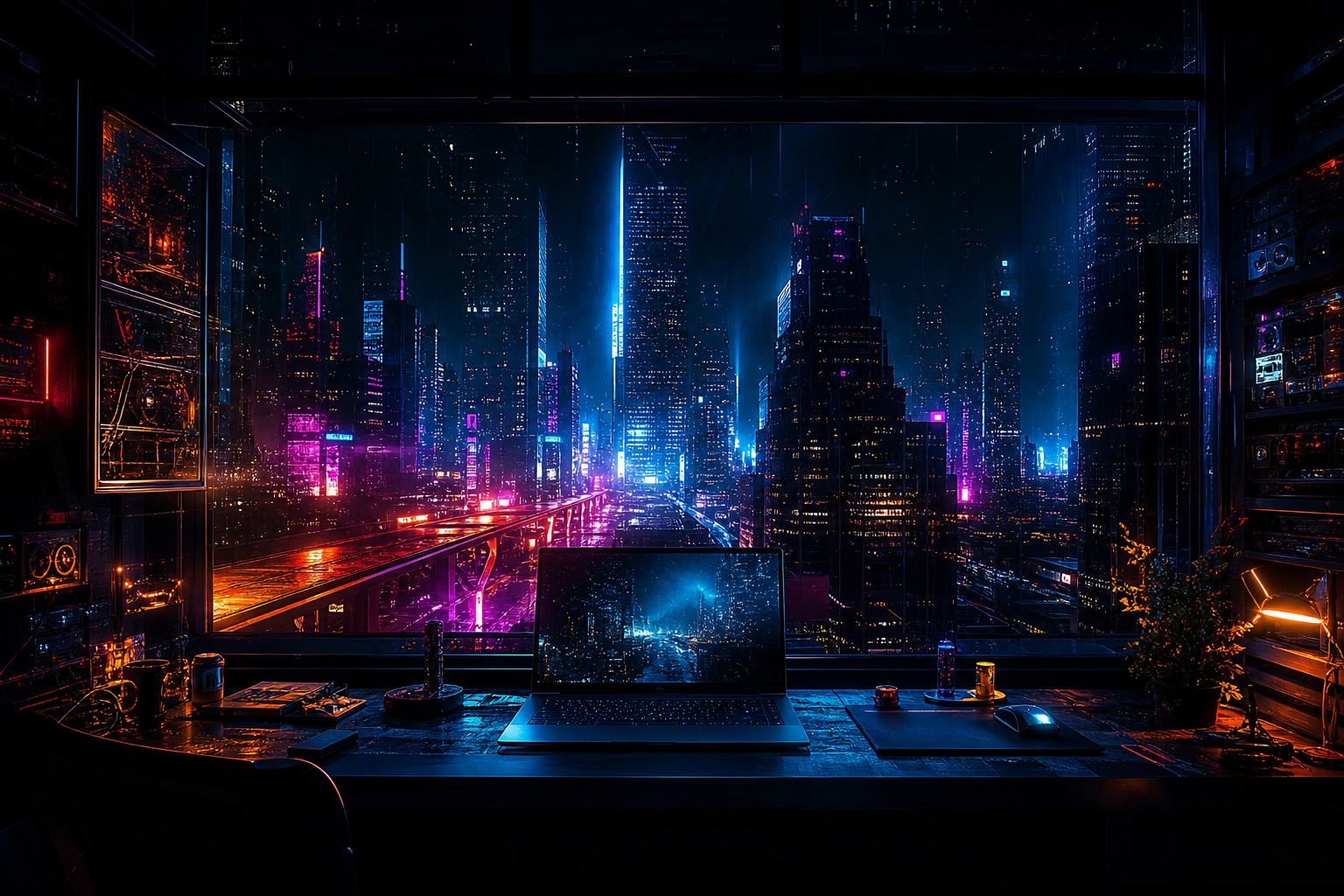 Cyberpunk Hacker Room With Neon Screens Cyberpunk Wallpaper  3 4K