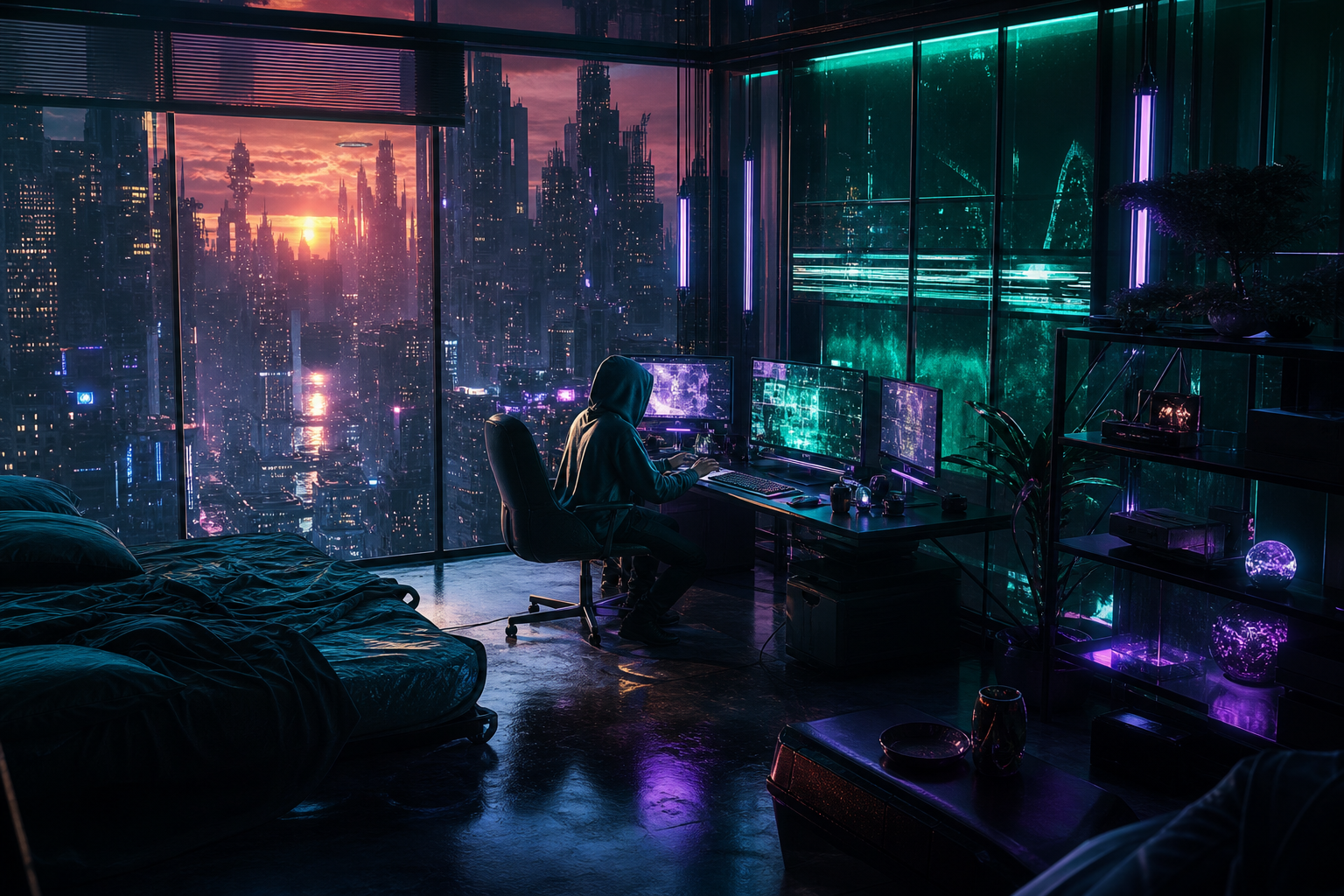 Cyberpunk Hacker Room With Neon Screens Cyberpunk Wallpaper  3 4K