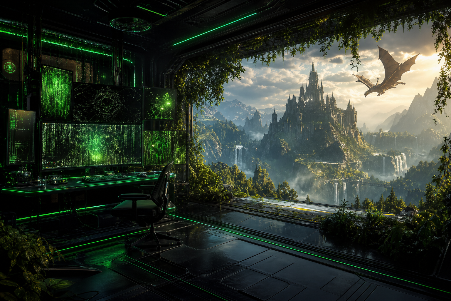 Cyberpunk Hacker Room With Neon Screens Fantasy Wallpaper  3 4K