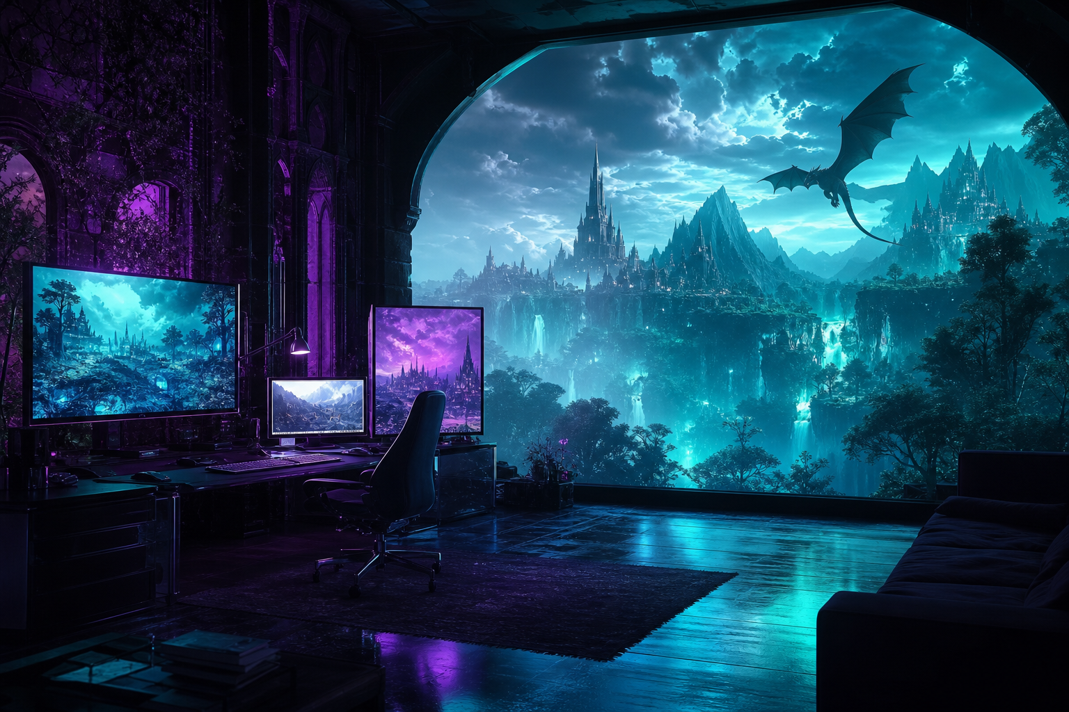 Cyberpunk Hacker Room With Neon Screens Fantasy Wallpaper  3 4K