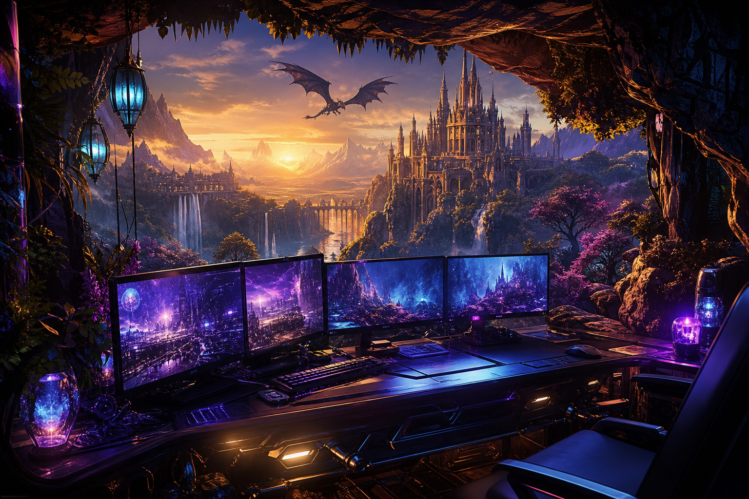 Cyberpunk Hacker Room With Neon Screens Fantasy Wallpaper  3 4K