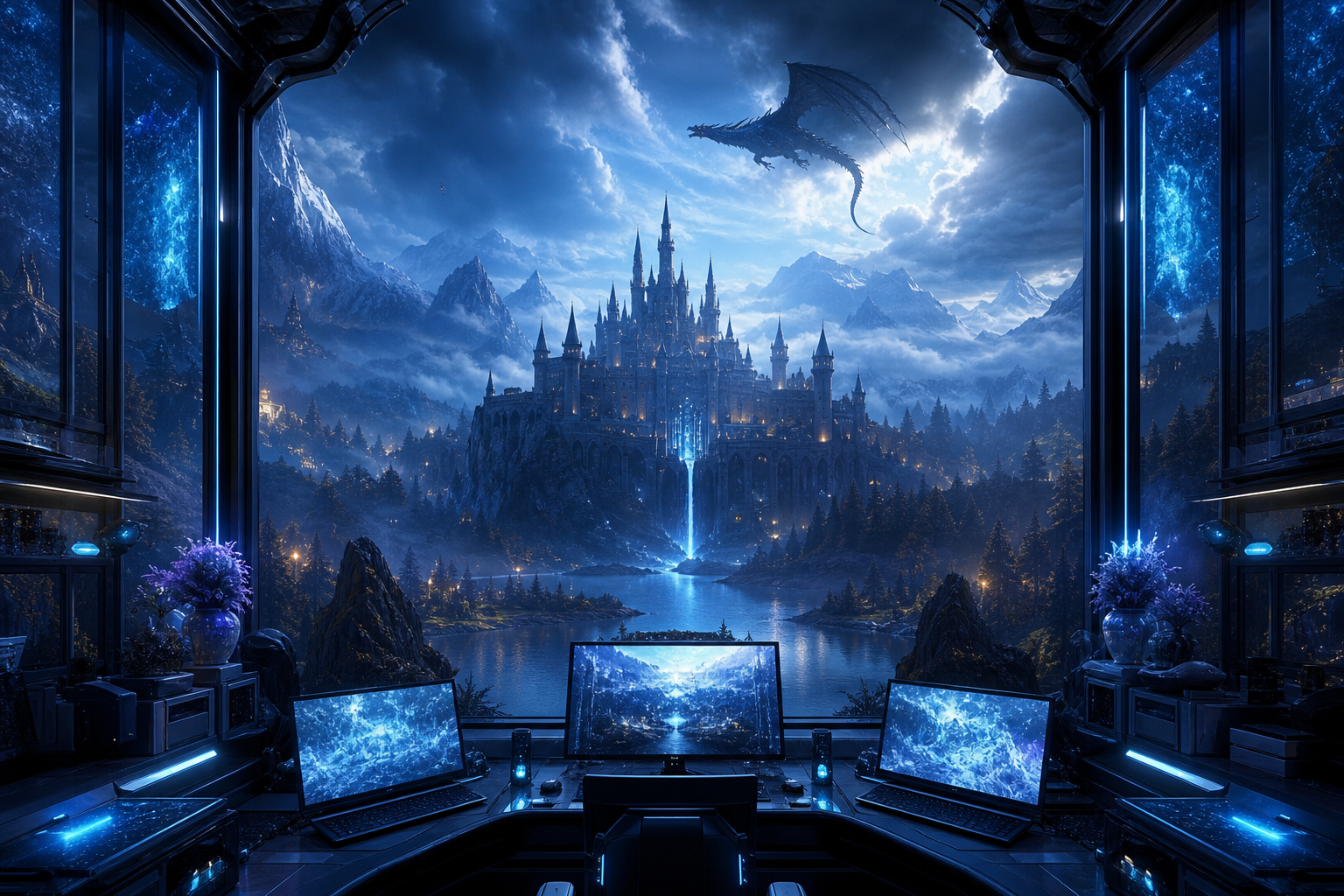 Cyberpunk Hacker Room With Neon Screens Fantasy Wallpaper  3 4K
