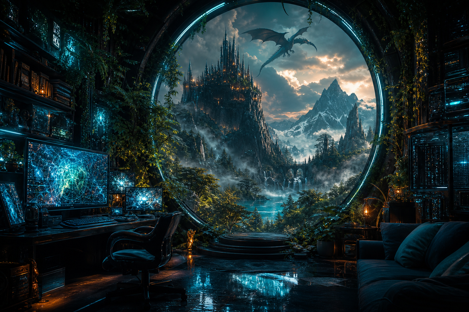 Cyberpunk Hacker Room With Neon Screens Fantasy Wallpaper  3 4K