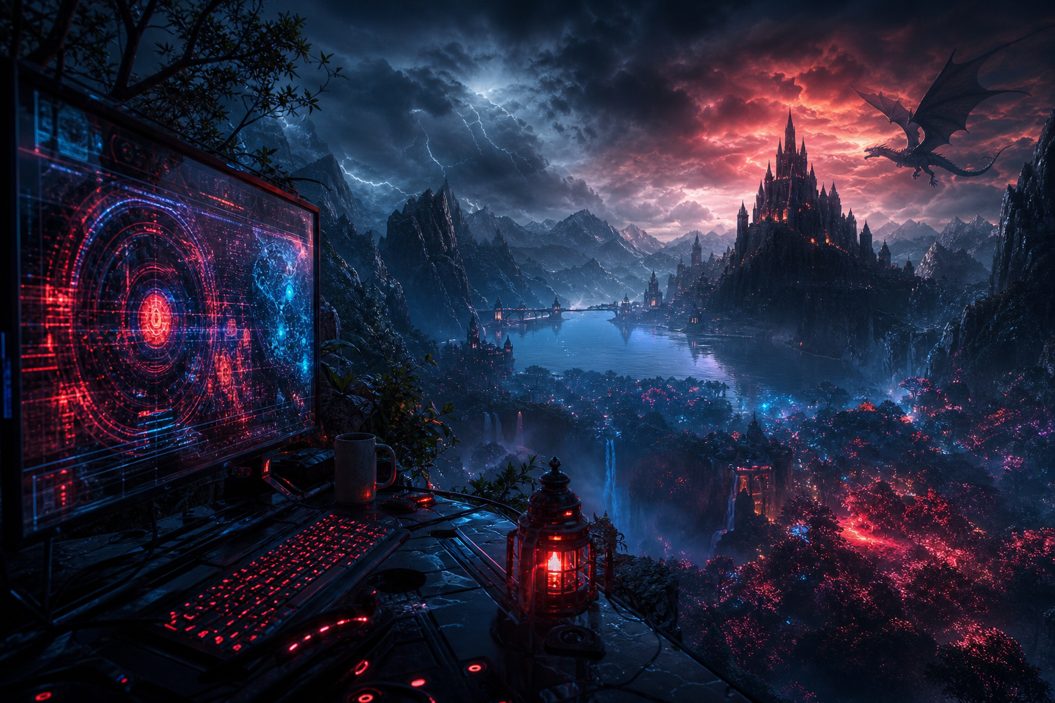 Cyberpunk Hacker Room With Neon Screens Fantasy Wallpaper  3 4K
