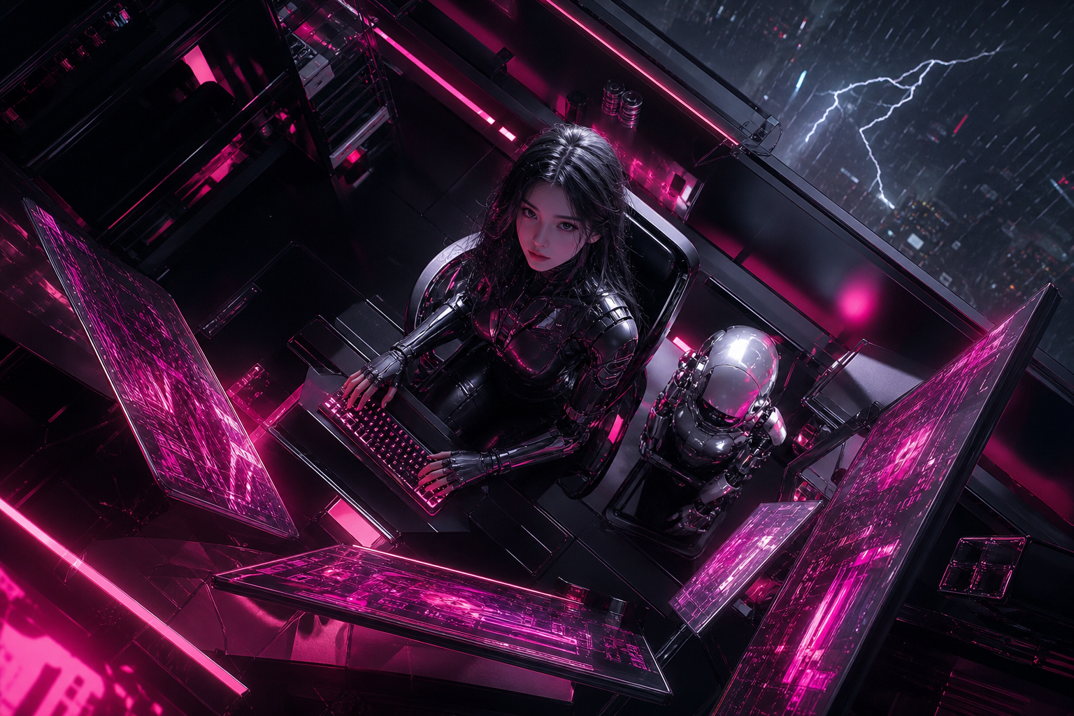 Cyberpunk Hacker Room With Neon Screens Female-Androids Wallpaper  3 4K
