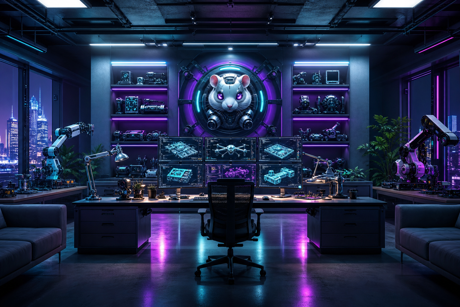 Cyberpunk Hacker Room With Neon Screens Hamster-Robotics Wallpaper  3 4K
