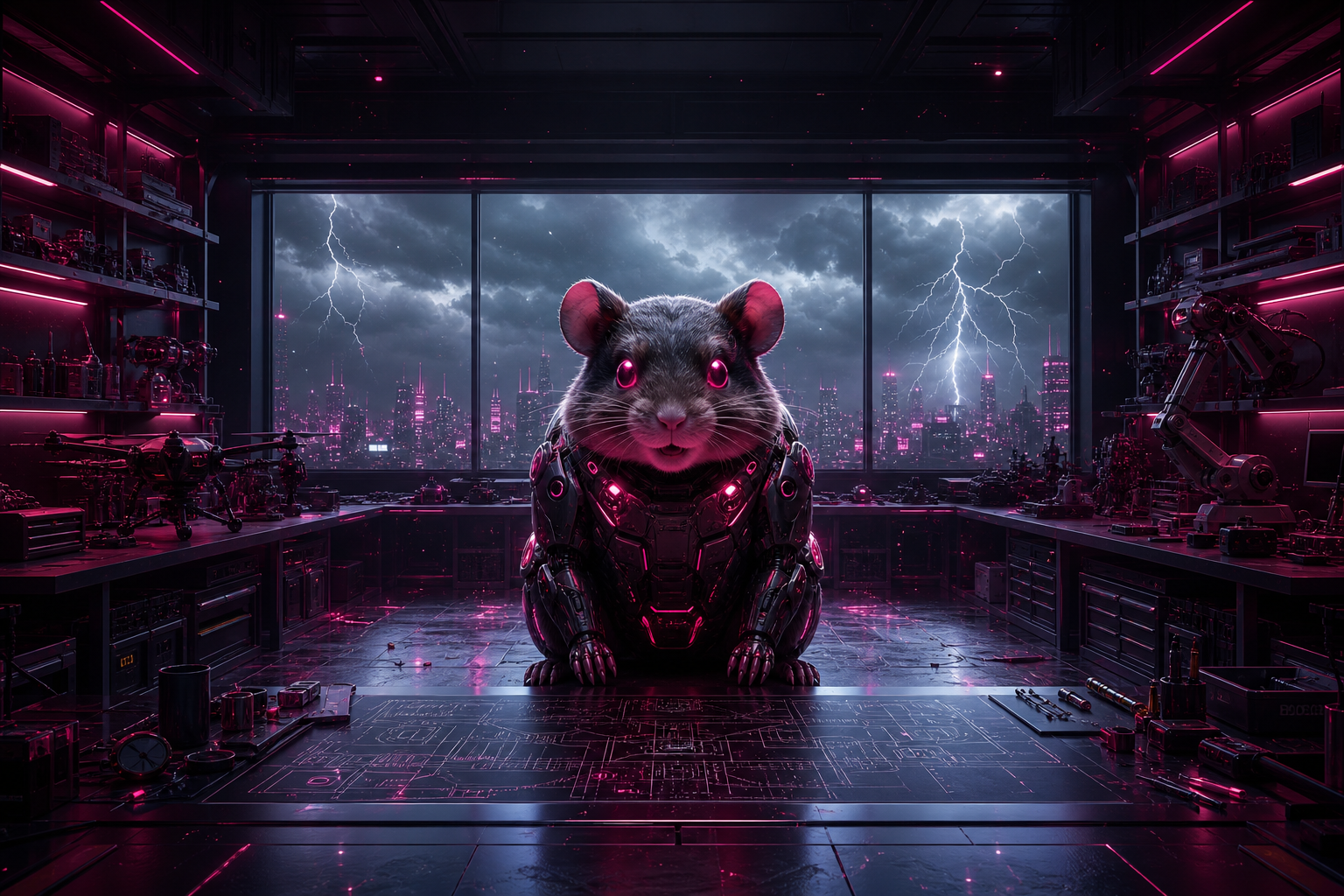 Cyberpunk Hacker Room With Neon Screens Hamster-Robotics Wallpaper  3 4K