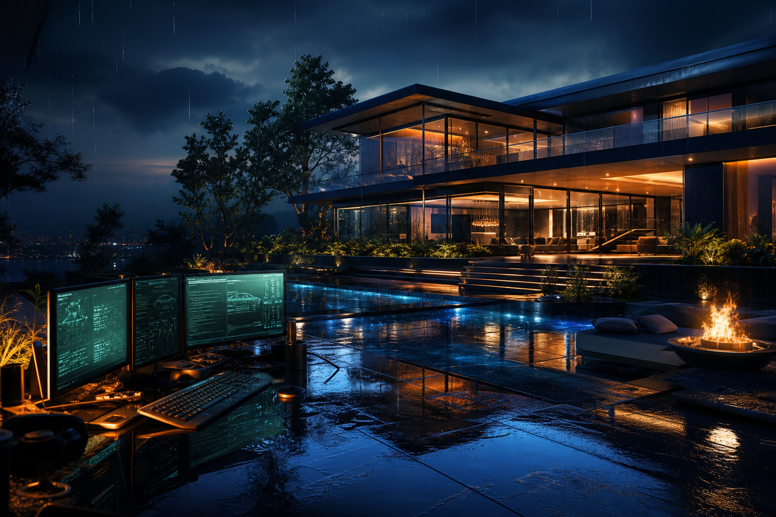 Cyberpunk Hacker Room With Neon Screens House-Design Wallpaper  3 4K