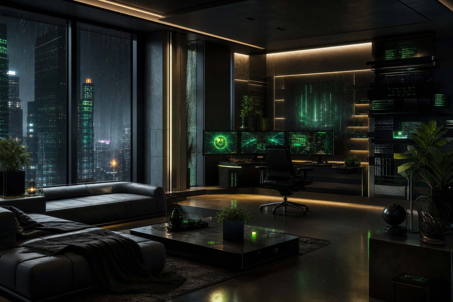 Cyberpunk Hacker Room With Neon Screens Interior-Design Wallpaper  3 4K
