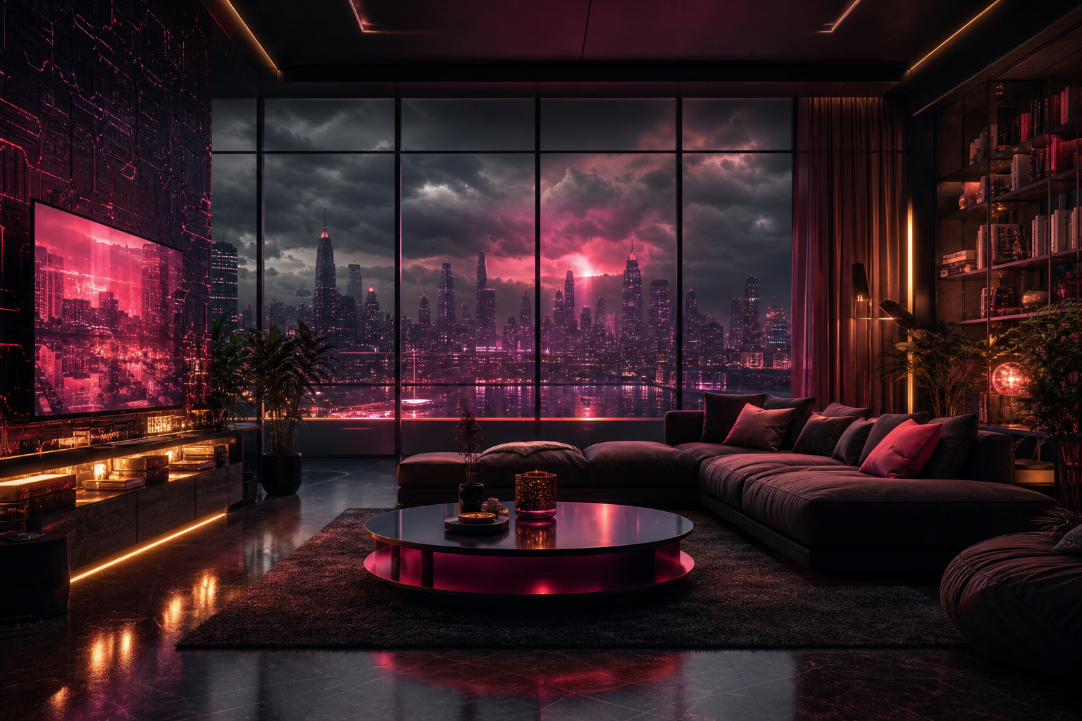 Cyberpunk Hacker Room With Neon Screens Living-Room-Design Wallpaper  19 4K
