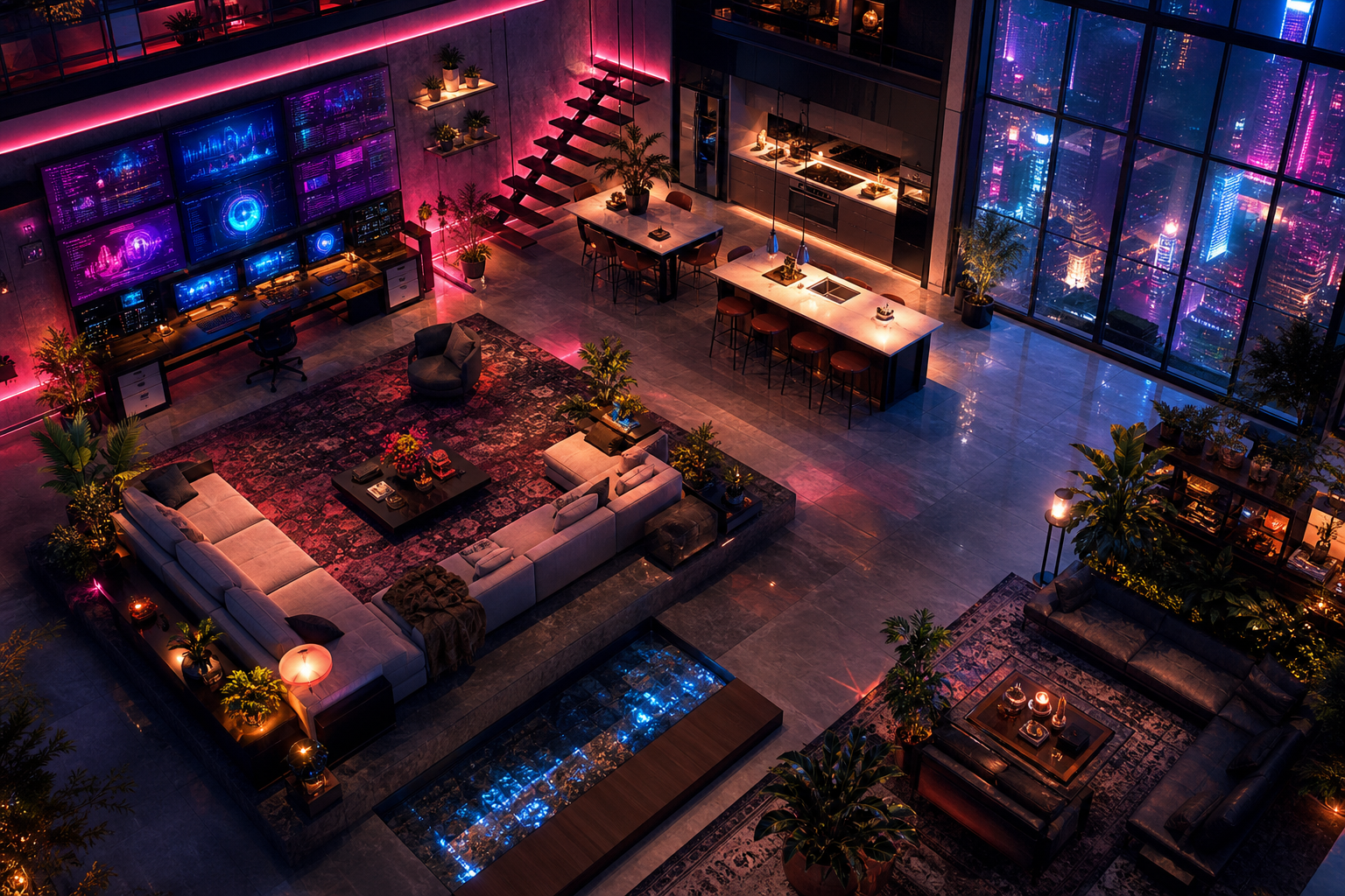 Cyberpunk Hacker Room With Neon Screens Living-Room-Design Wallpaper  3 4K